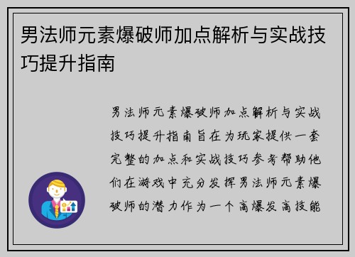 男法师元素爆破师加点解析与实战技巧提升指南